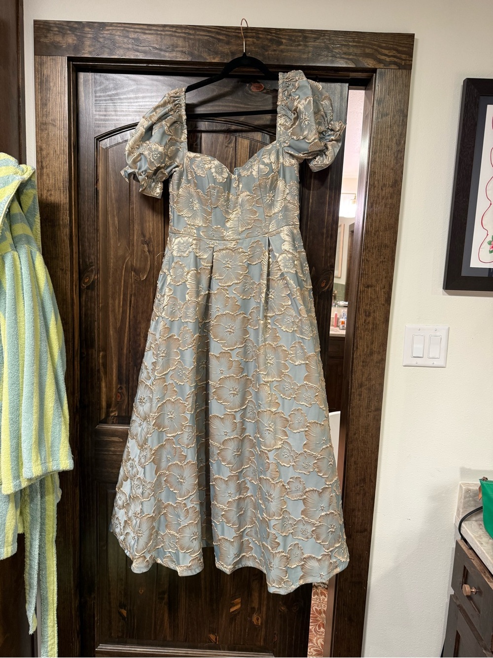 Azazie Blue Midi Dress with Gold Floral Jacquard